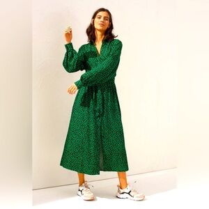 H&M - Clover Green Print Button Down Long Sleeve Maxi Short Dress Size XXS